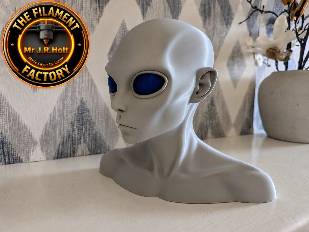 3D Printed Alien Bust Grey Alien Head Blue Eyes UFO Sci-Fi Display Model PLA