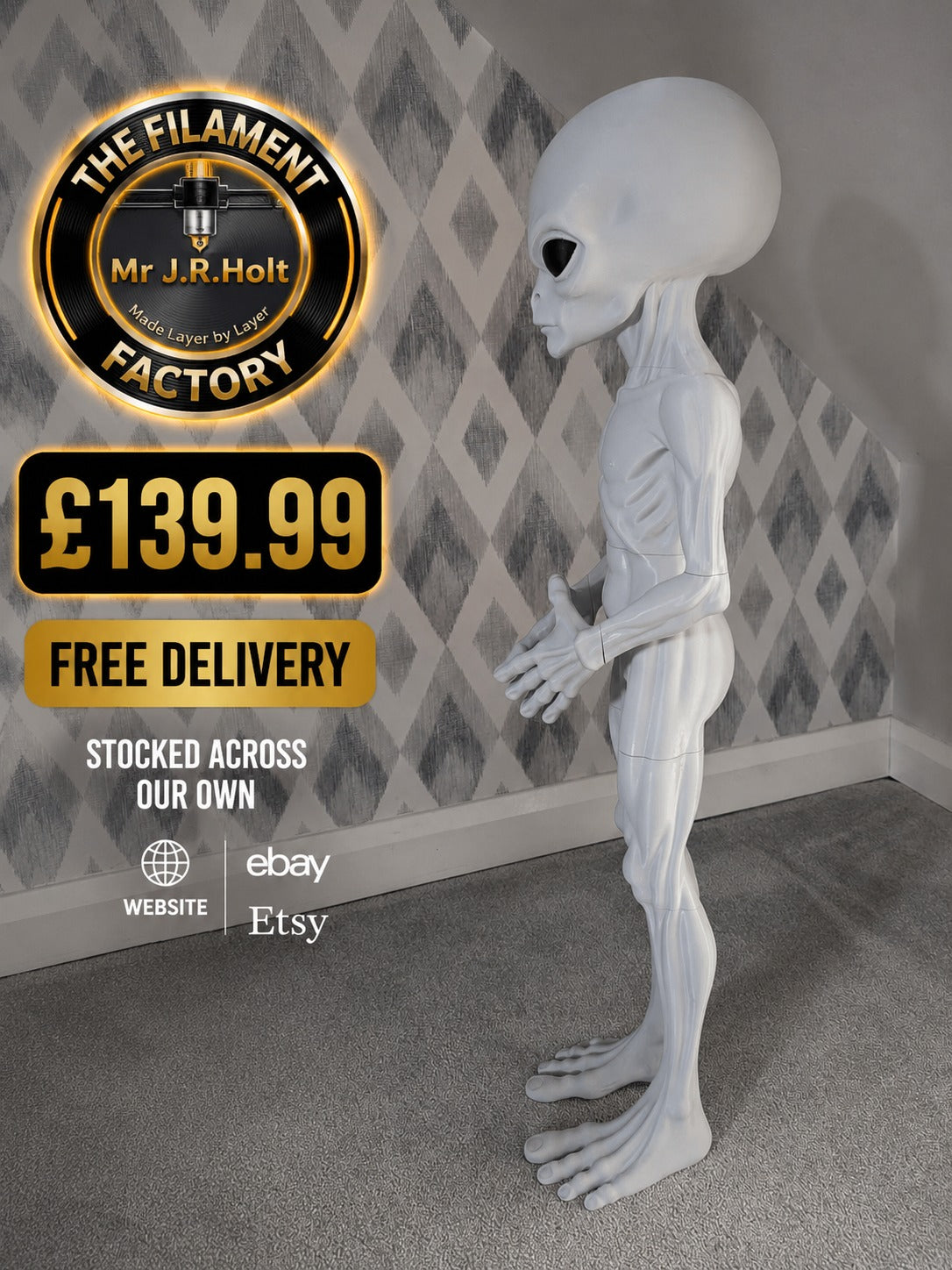 Gray Alien Figurine 3foot Tall –Sci-Fi-Detailed Sculpture -Collectible Uk Seller