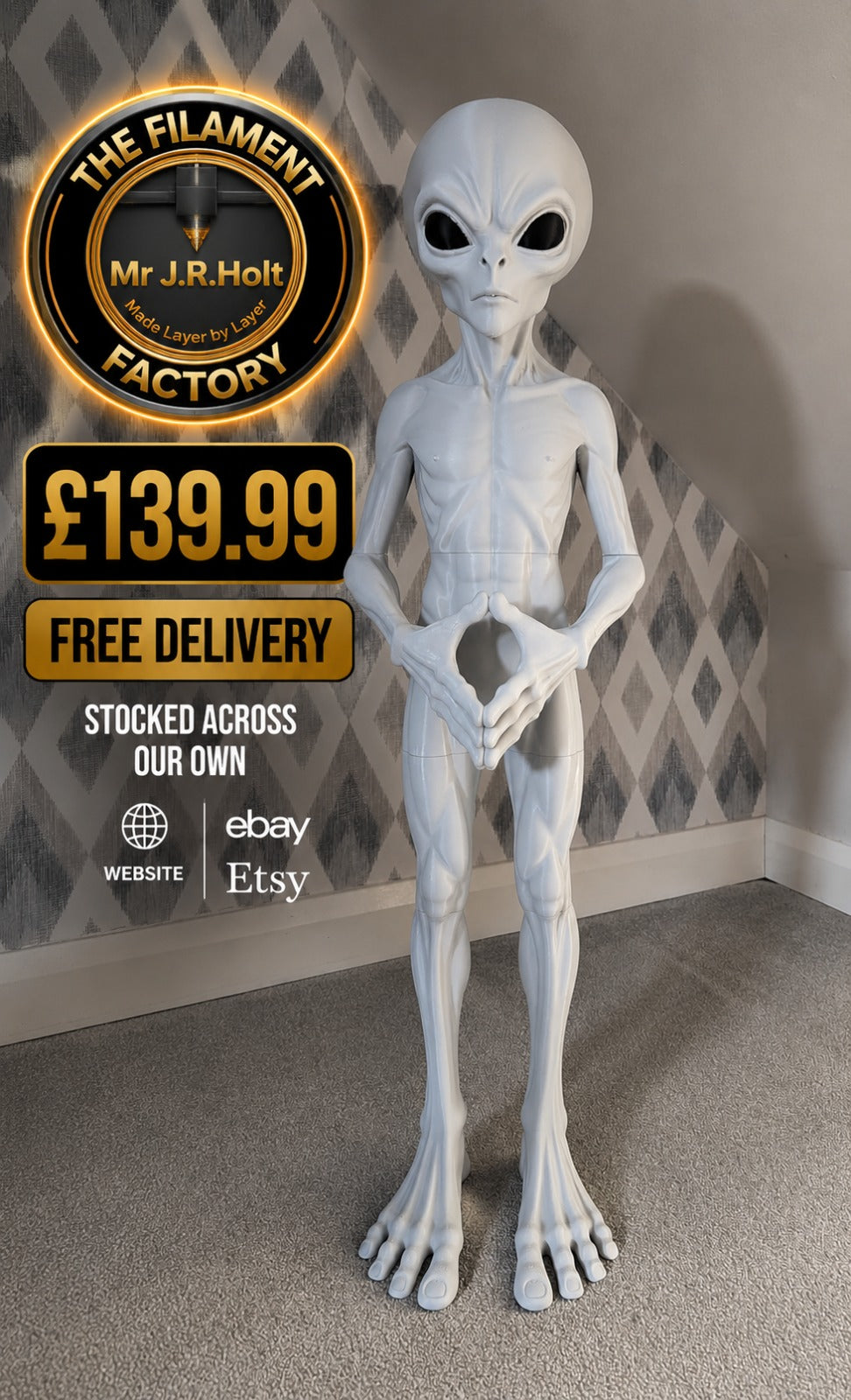 Gray Alien Figurine 3foot Tall –Sci-Fi-Detailed Sculpture -Collectible Uk Seller