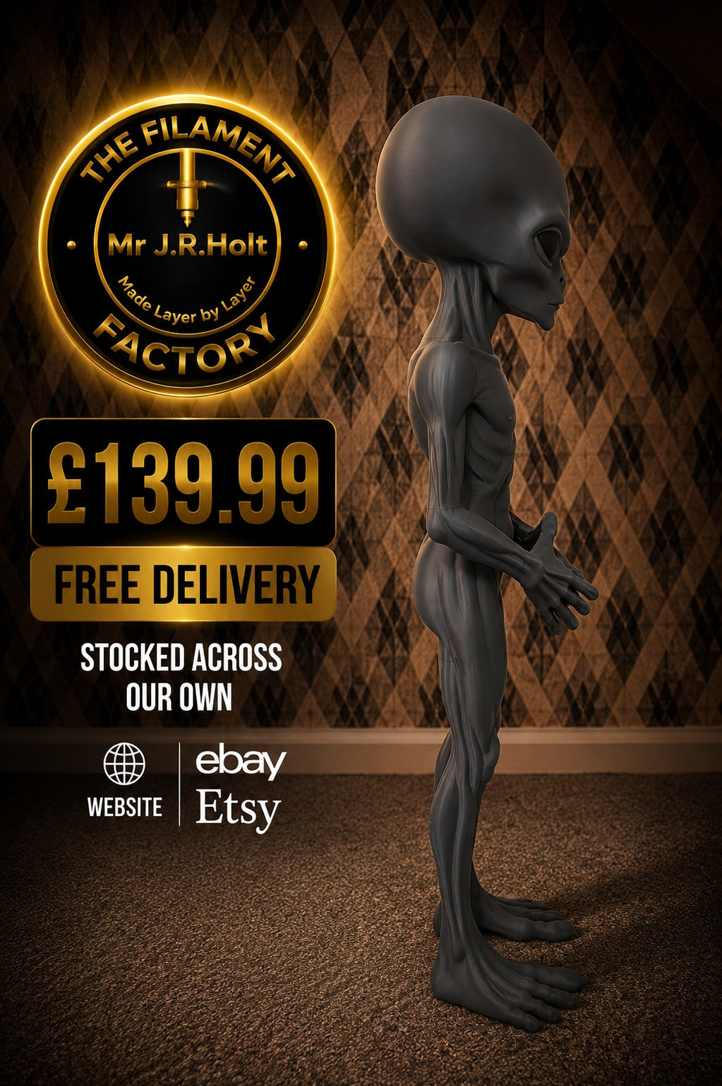 Gray Alien Figurine 3foot Tall –Sci-Fi-Detailed Sculpture -Collectible Uk Seller