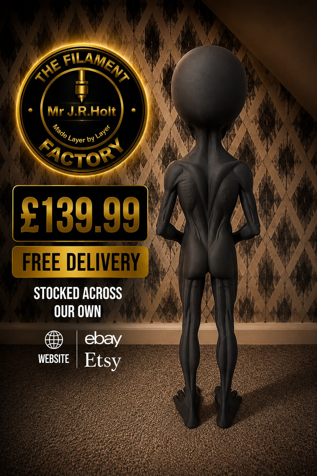 Gray Alien Figurine 3foot Tall –Sci-Fi-Detailed Sculpture -Collectible Uk Seller