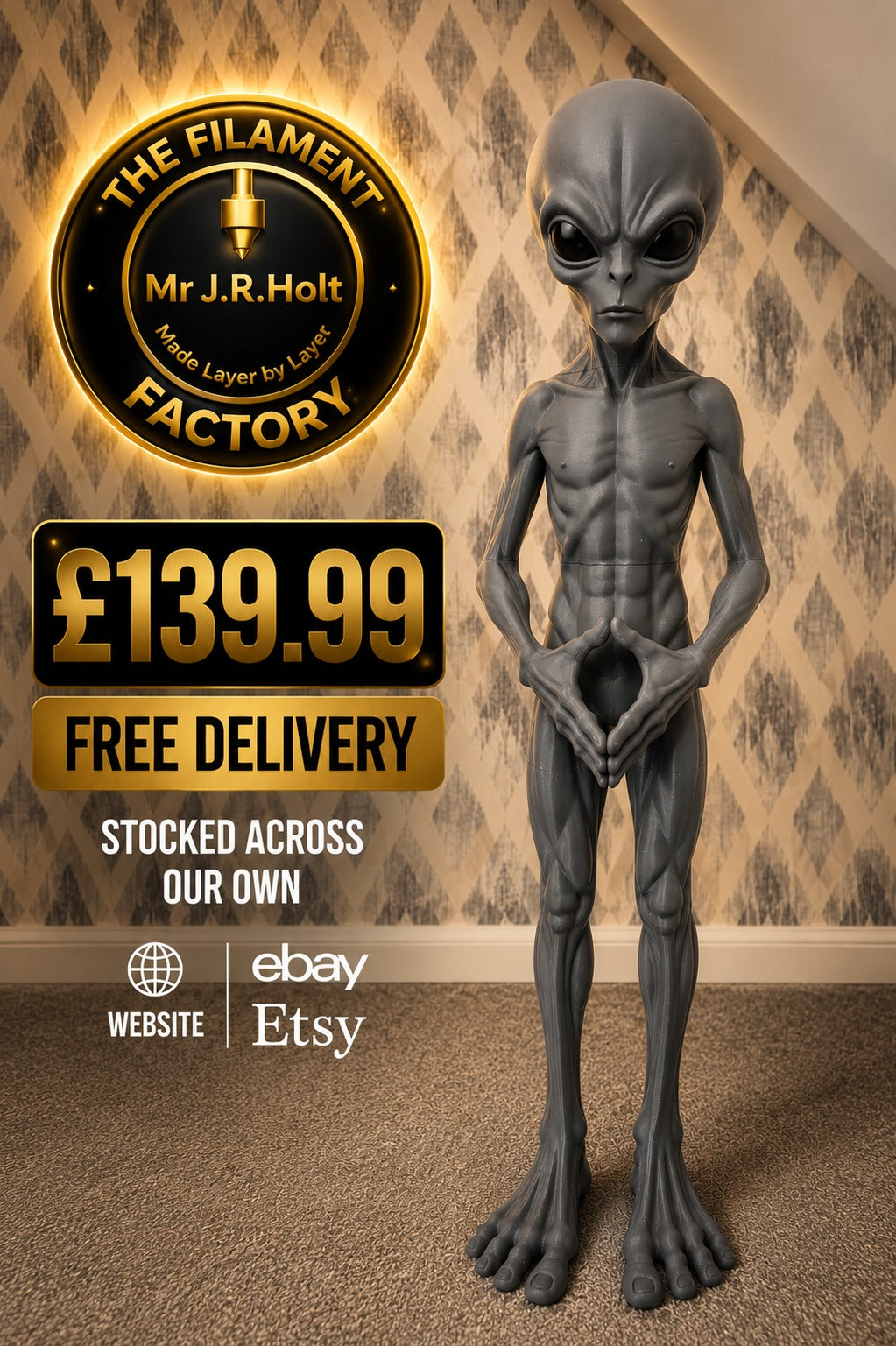 Gray Alien Figurine 3foot Tall –Sci-Fi-Detailed Sculpture -Collectible Uk Seller