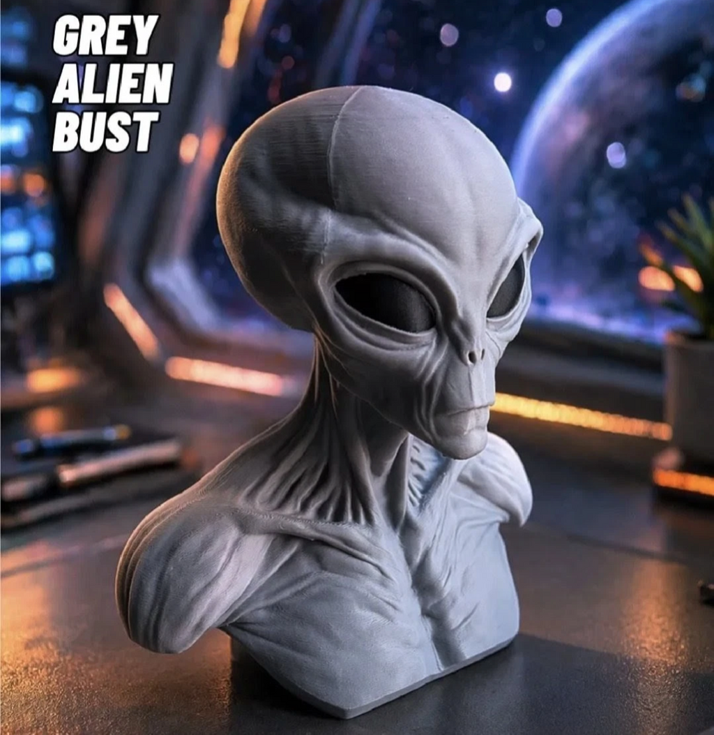 Grey Alien Bust Sculpture –Sci-Fi Extraterrestrial Figure 3D Printed Collectible