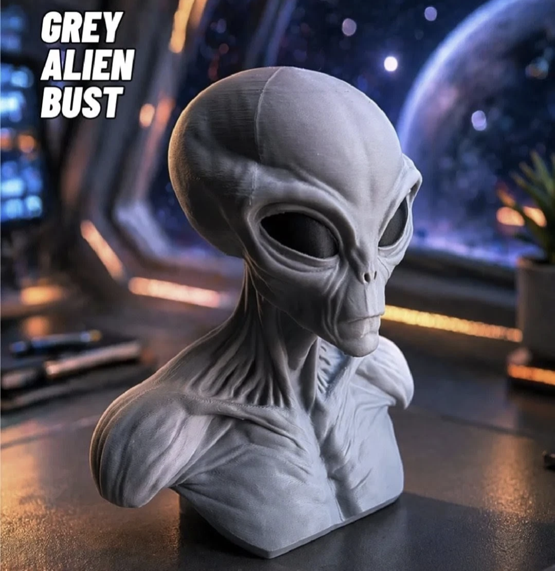 Grey Alien Bust Sculpture –Sci-Fi Extraterrestrial Figure 3D Printed Collectible