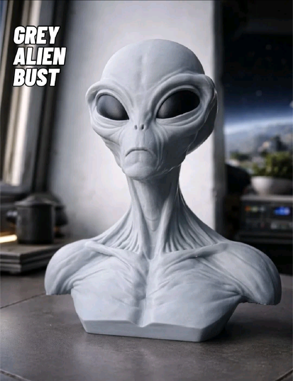 Grey Alien Bust Sculpture –Sci-Fi Extraterrestrial Figure 3D Printed Collectible